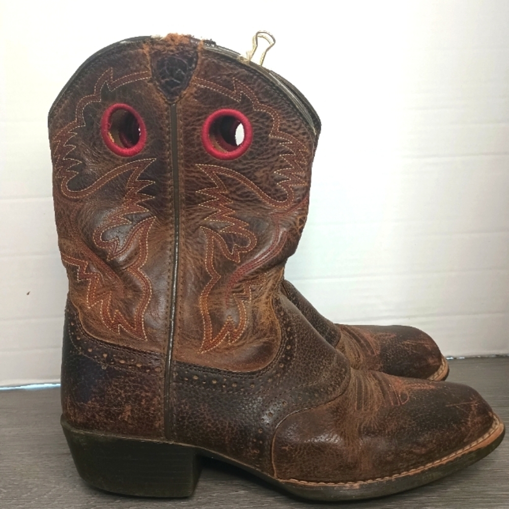 Ariat Cowboy Boots Youth Size 4 Brown Short Square Toe Rustic Rodeo